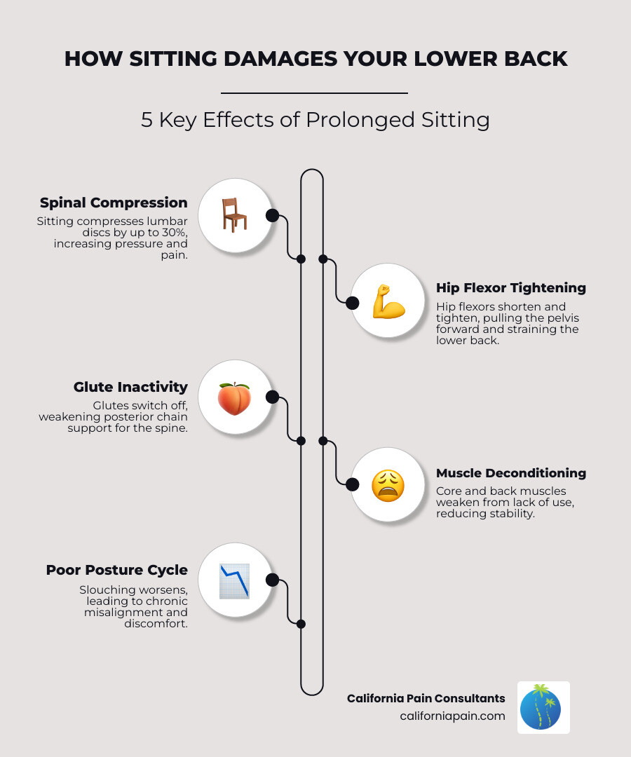 infographic showing the impact of prolonged sitting on spinal discs and lower back muscle groups infographic