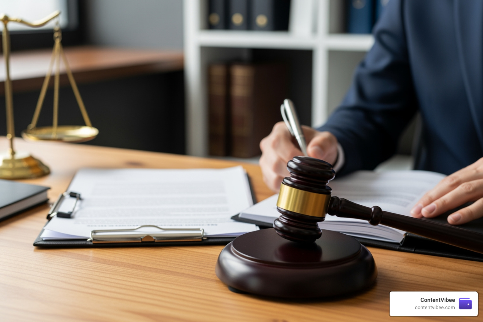 legal documents and a gavel on a wooden desk