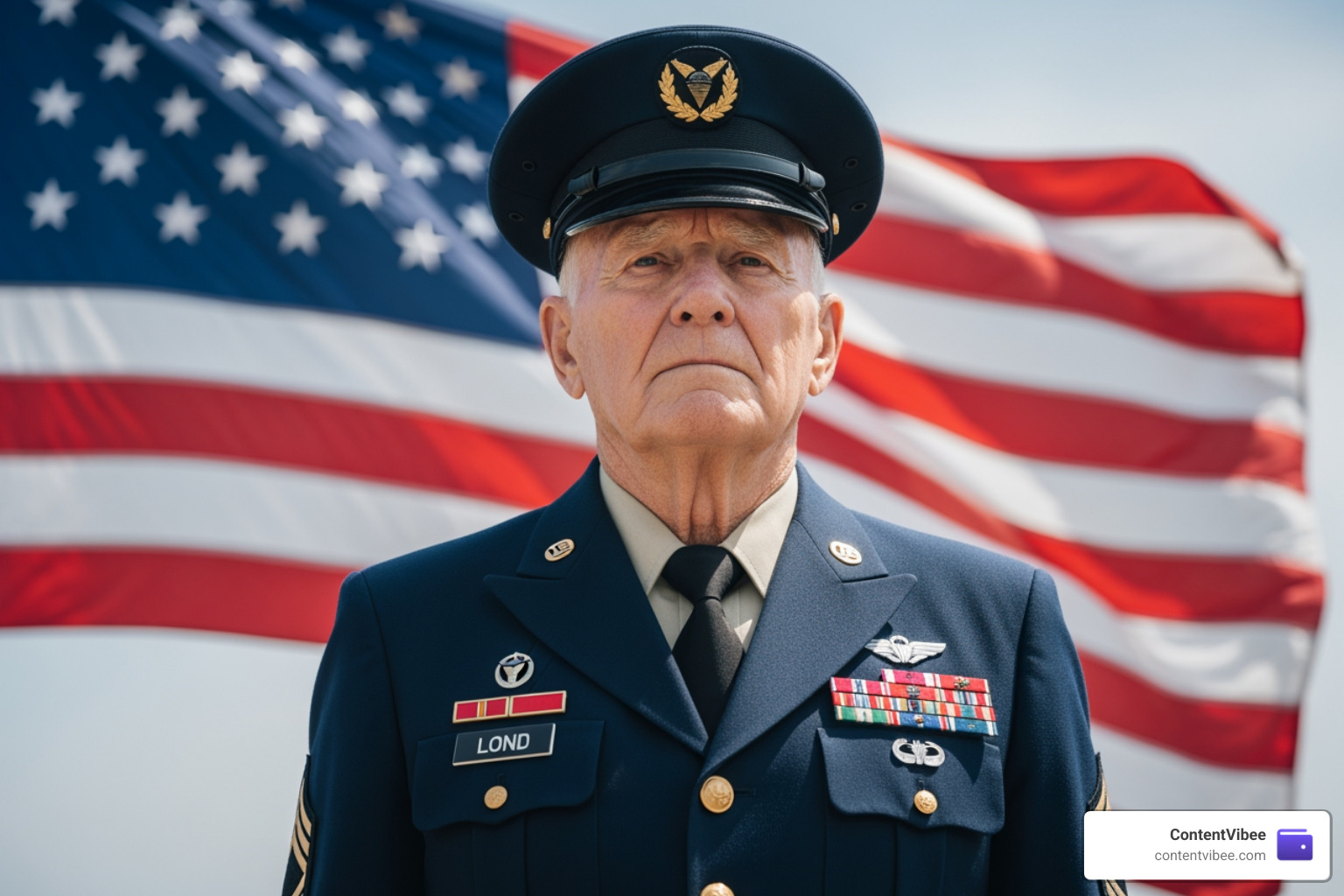 A military veteran standing proudly in front of an American flag