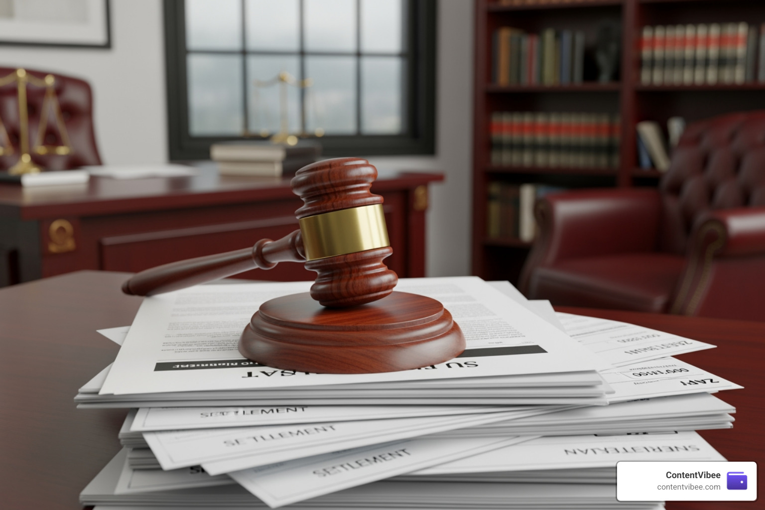 Legal gavel resting on top of financial documents and settlement checks