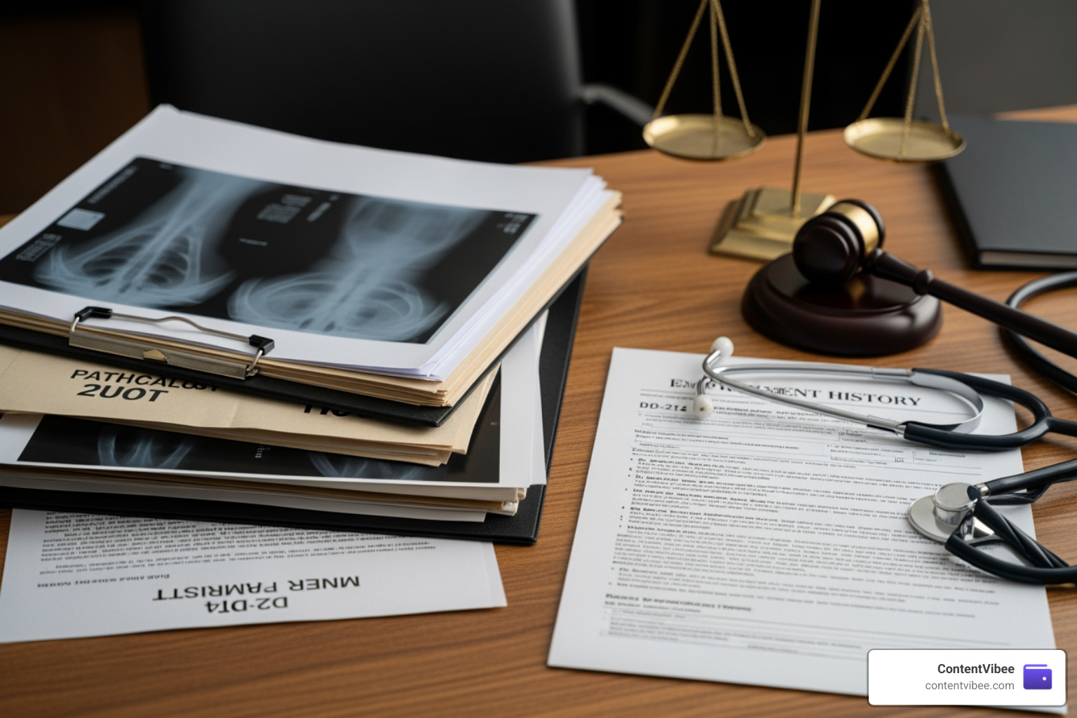 a stack of organized medical and employment records for a legal case
