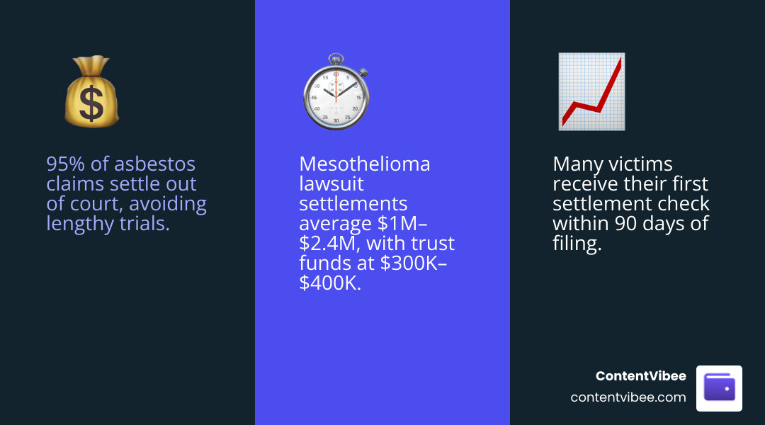 Asbestos claim lifecycle infographic showing settlement types, ranges, and timelines from filing to payout infographic