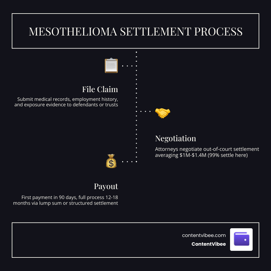 Mesothelioma settlement process from filing to first payout, showing key stages and typical amounts infographic