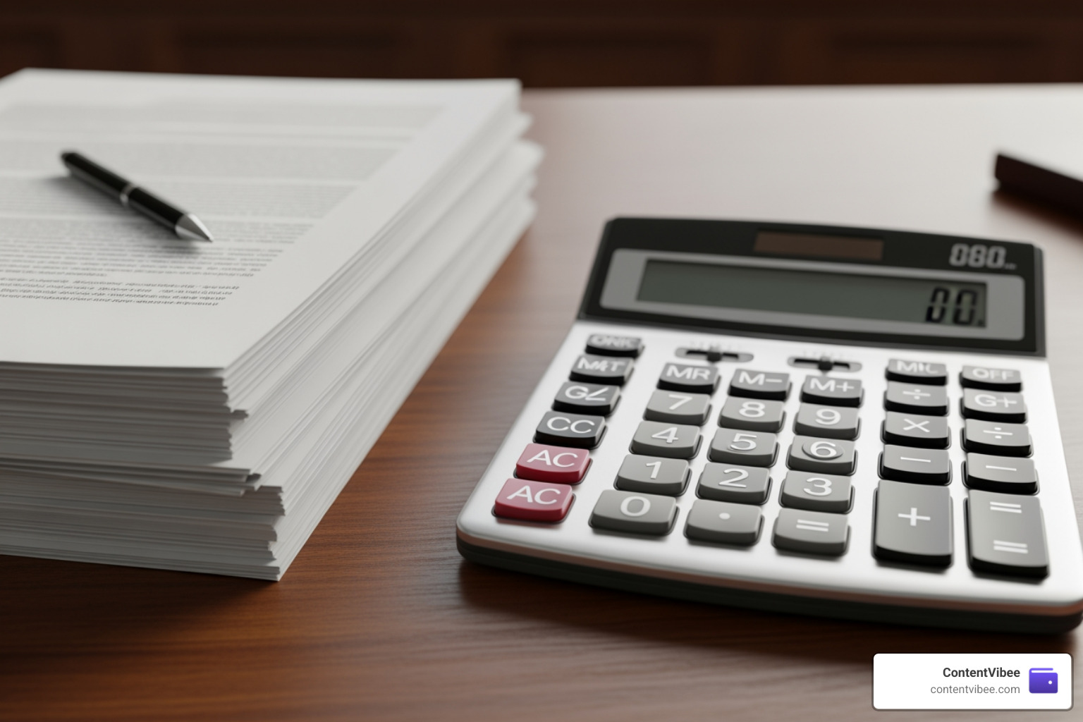 A financial calculator sitting next to legal documents