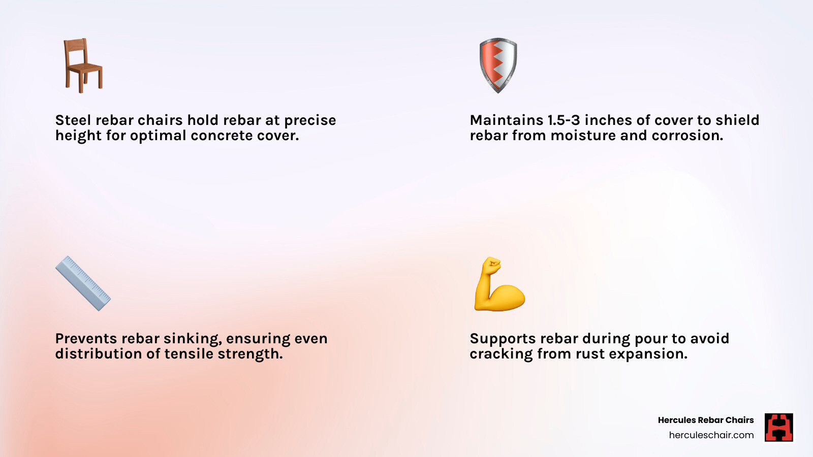 Infographic showing how steel rebar chairs maintain concrete cover and prevent rebar sinking infographic