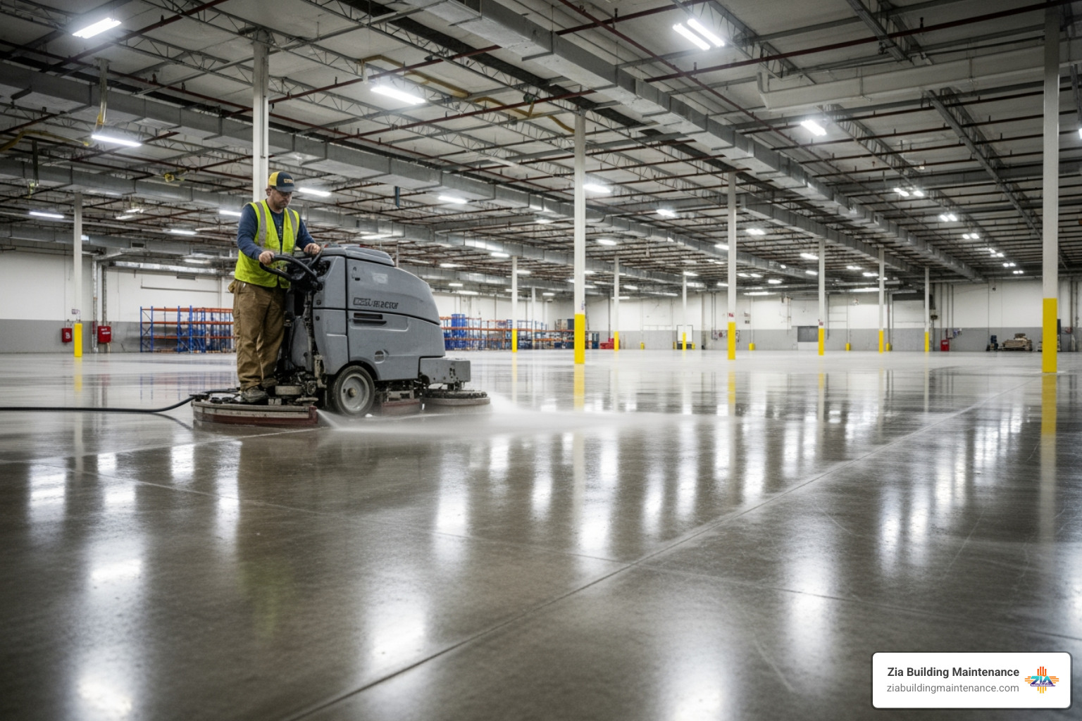 industrial floor scrubber being used on a commercial warehouse floor industrial floor scrubber being used on a commercial warehouse floor