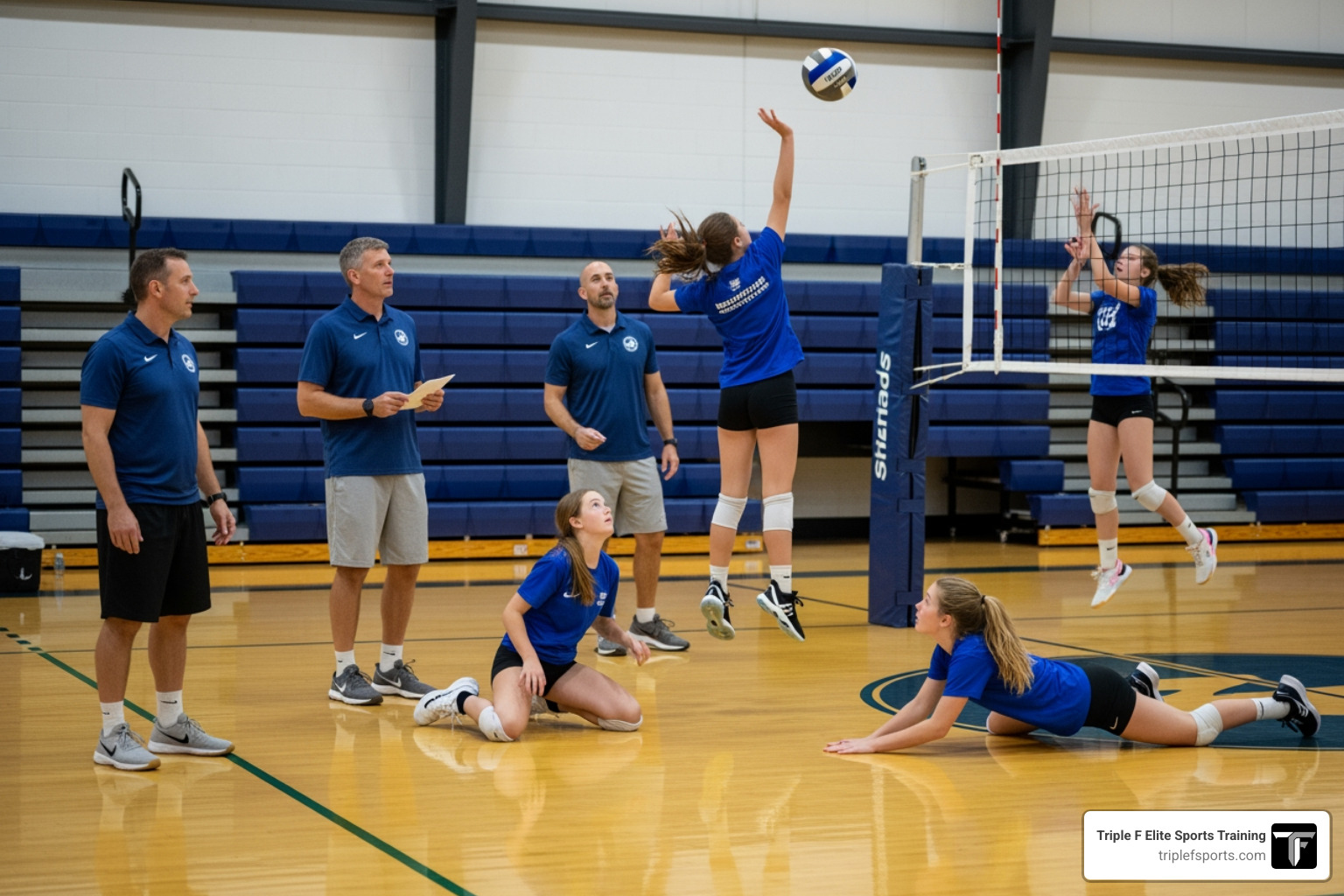 Coaches evaluating athletes during a high-intensity volleyball tryout Coaches evaluating athletes during a high-intensity volleyball tryout