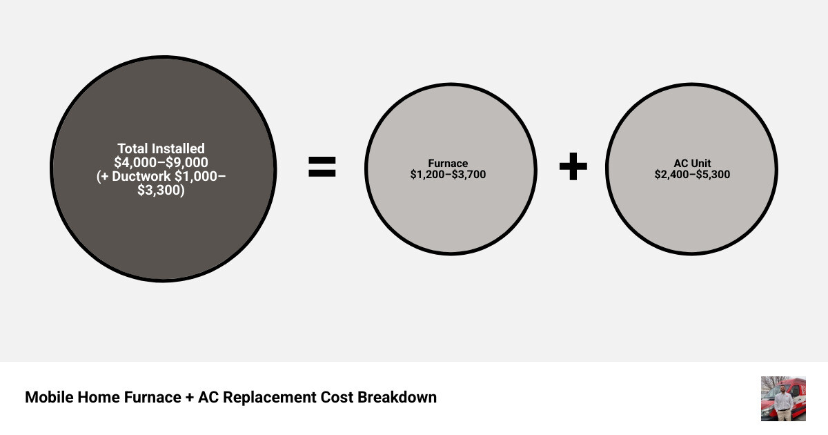 Infographic showing mobile home HVAC replacement cost breakdown by component: furnace, AC, labor, ductwork, and permits