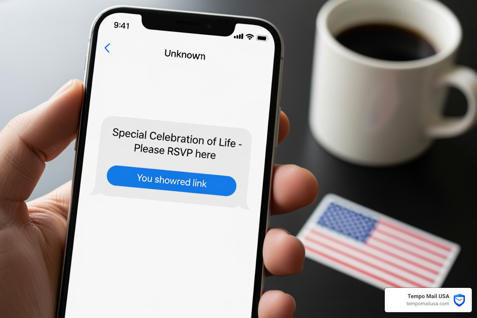 A smartphone displaying a "Celebration of Life" scam message A smartphone displaying a "Celebration of Life" scam message