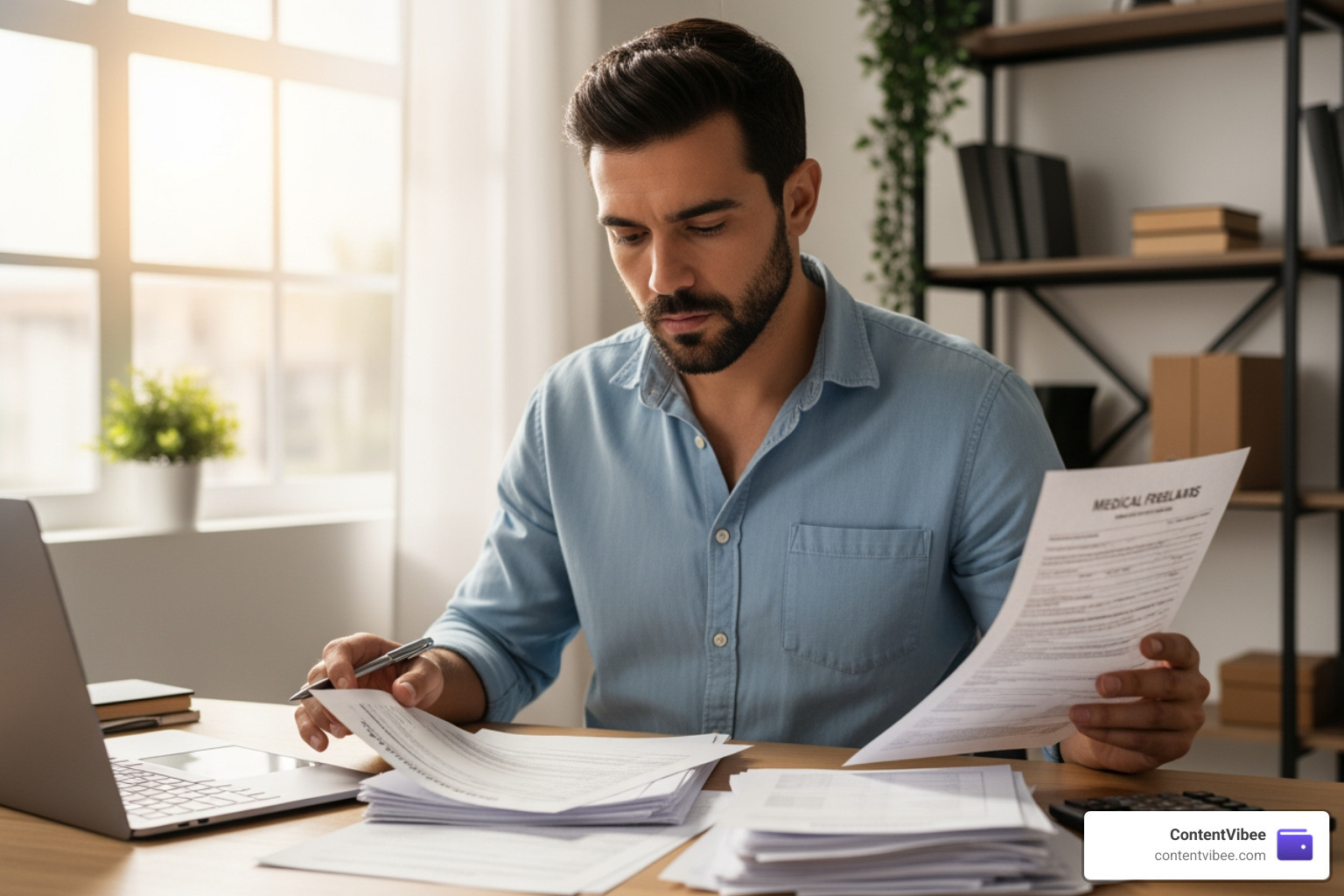 A freelancer reviewing medical bills and tax documents to calculate health insurance costs