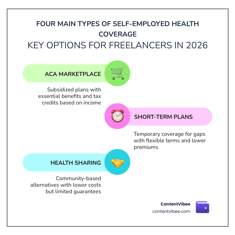 Four main types of self-employed health coverage: ACA Marketplace, short-term plans, health sharing, and private insurance