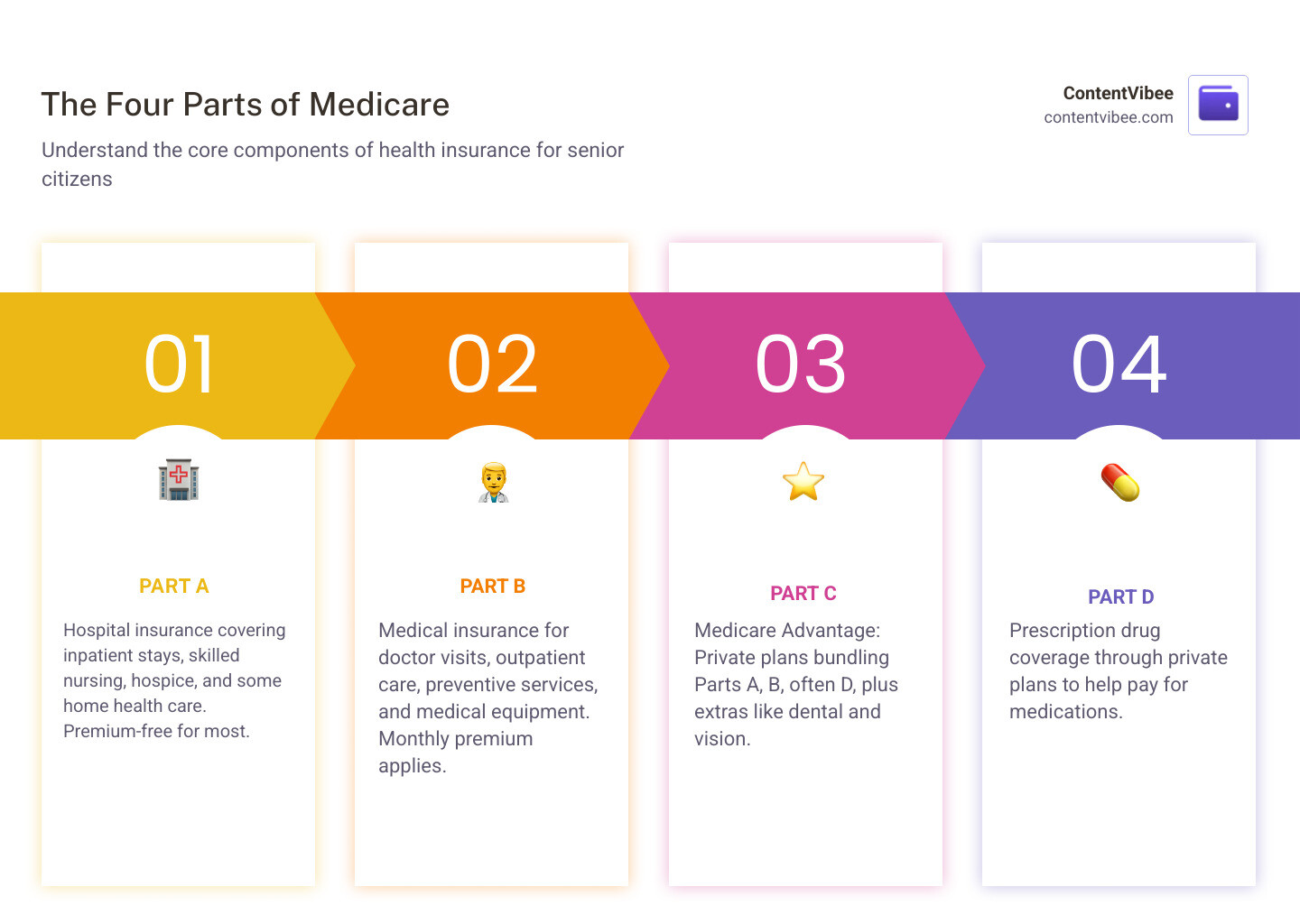 Infographic showing the four parts of Medicare A B C D with descriptions and costs infographic