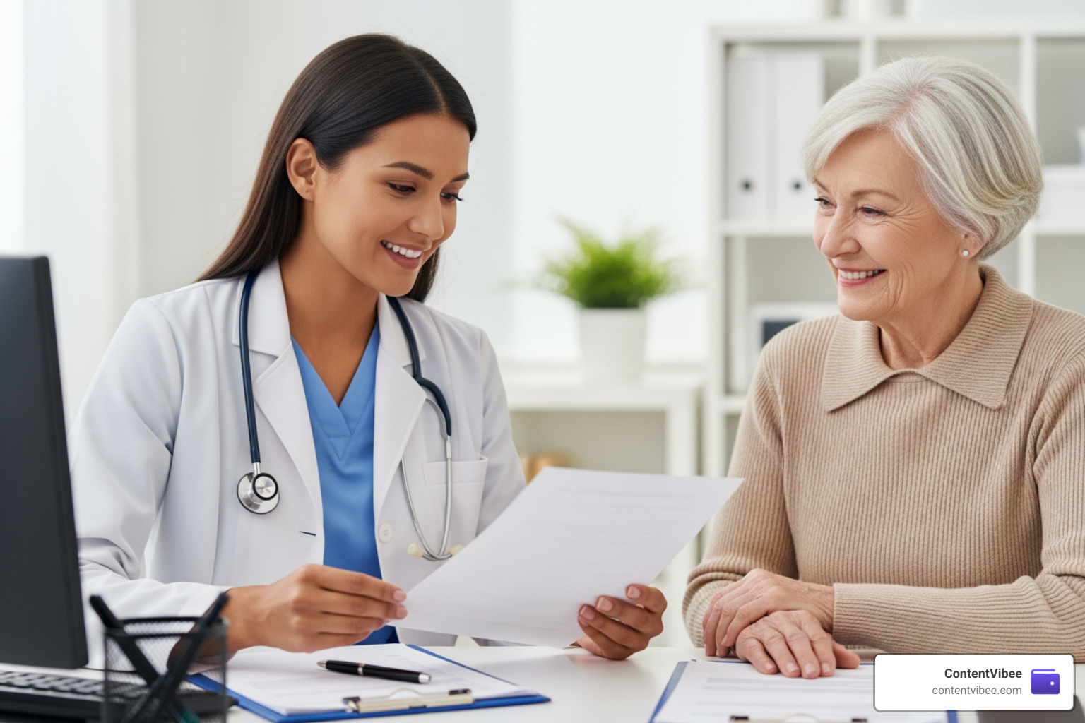 Healthcare professional consulting a senior citizen about insurance options
