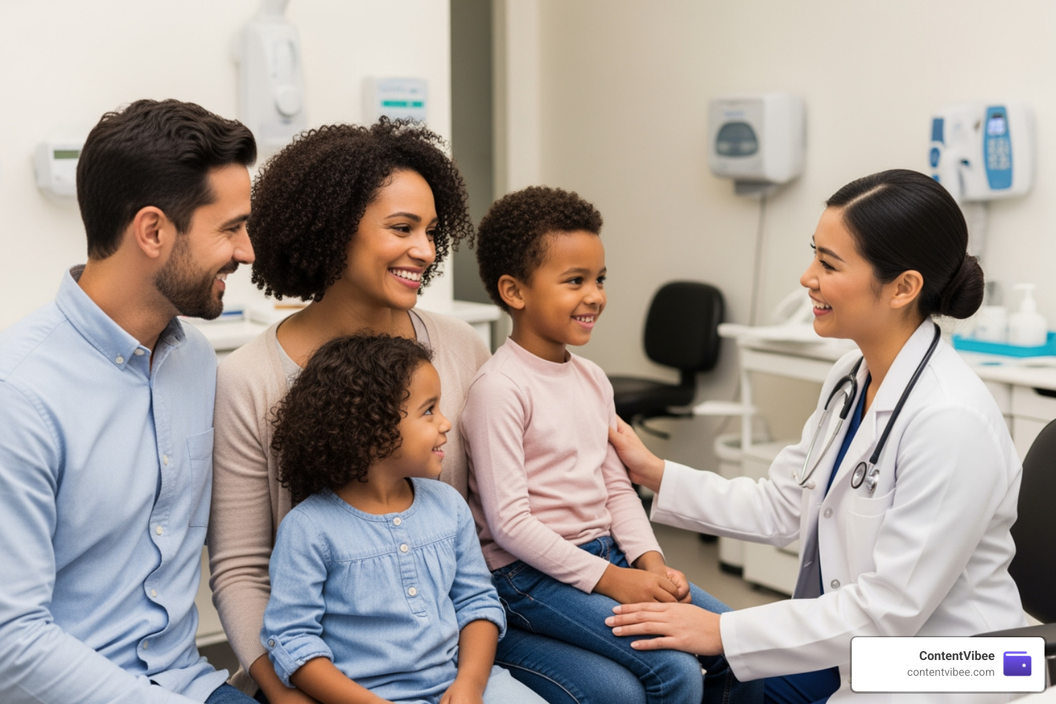 family receiving medical care from a healthcare professional