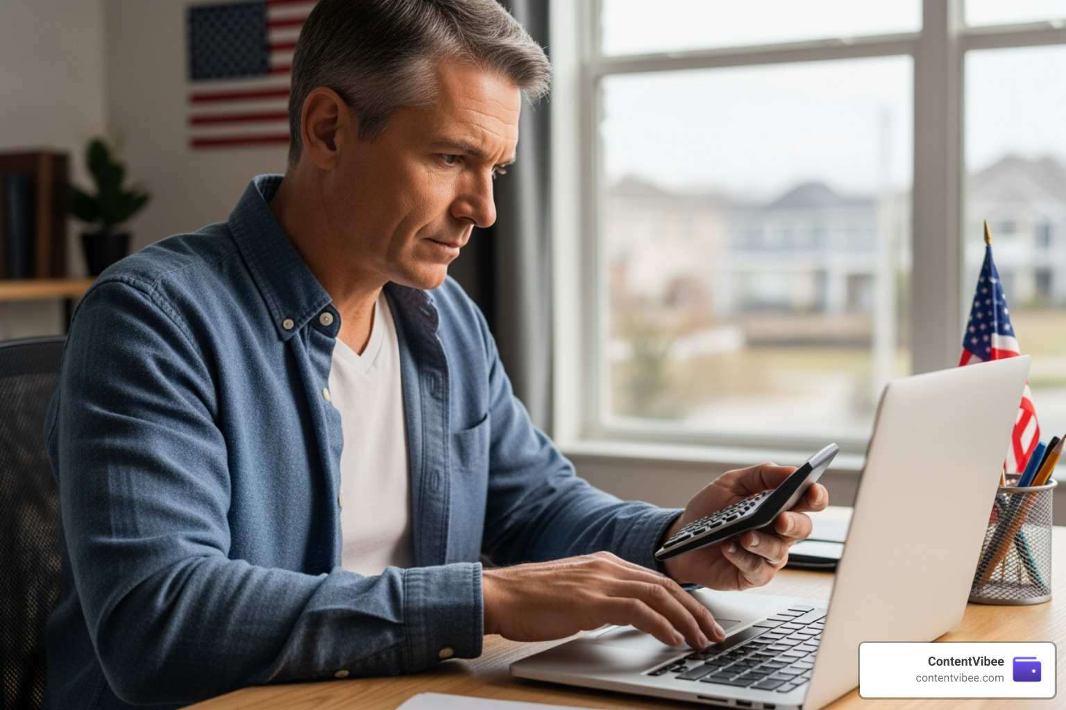 person using a laptop and calculator to estimate annual healthcare subsidies