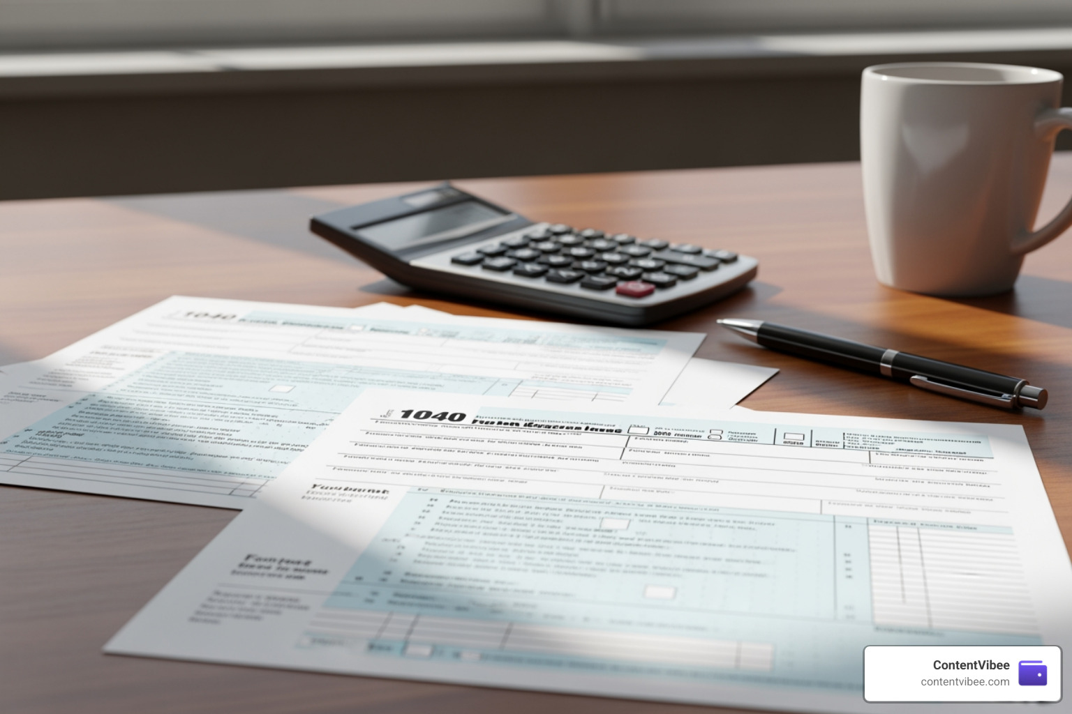 IRS tax forms and a calculator on a desk
