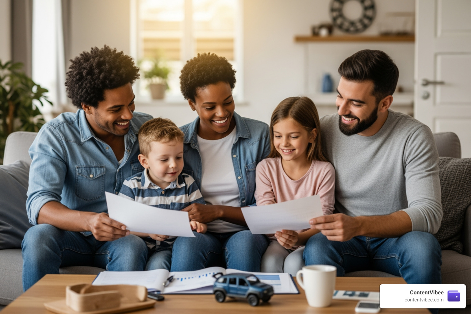 Family sitting on a couch planning their financial future together