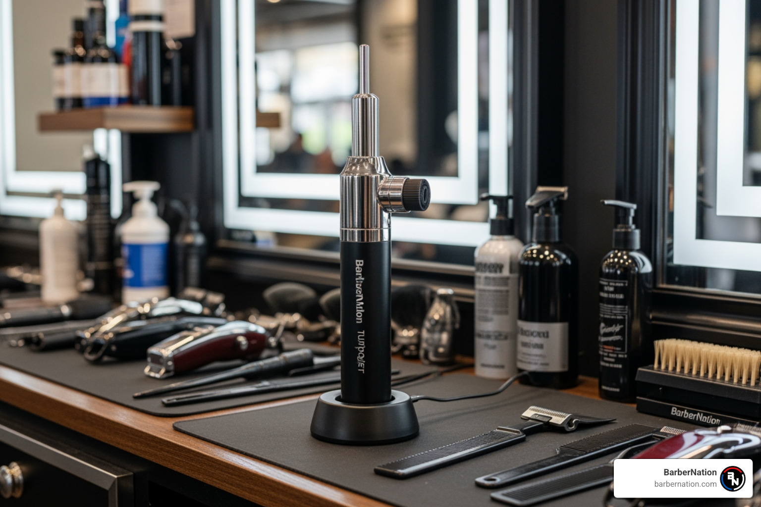BarberNation TurboJet with magnetic charging stand on a barber station