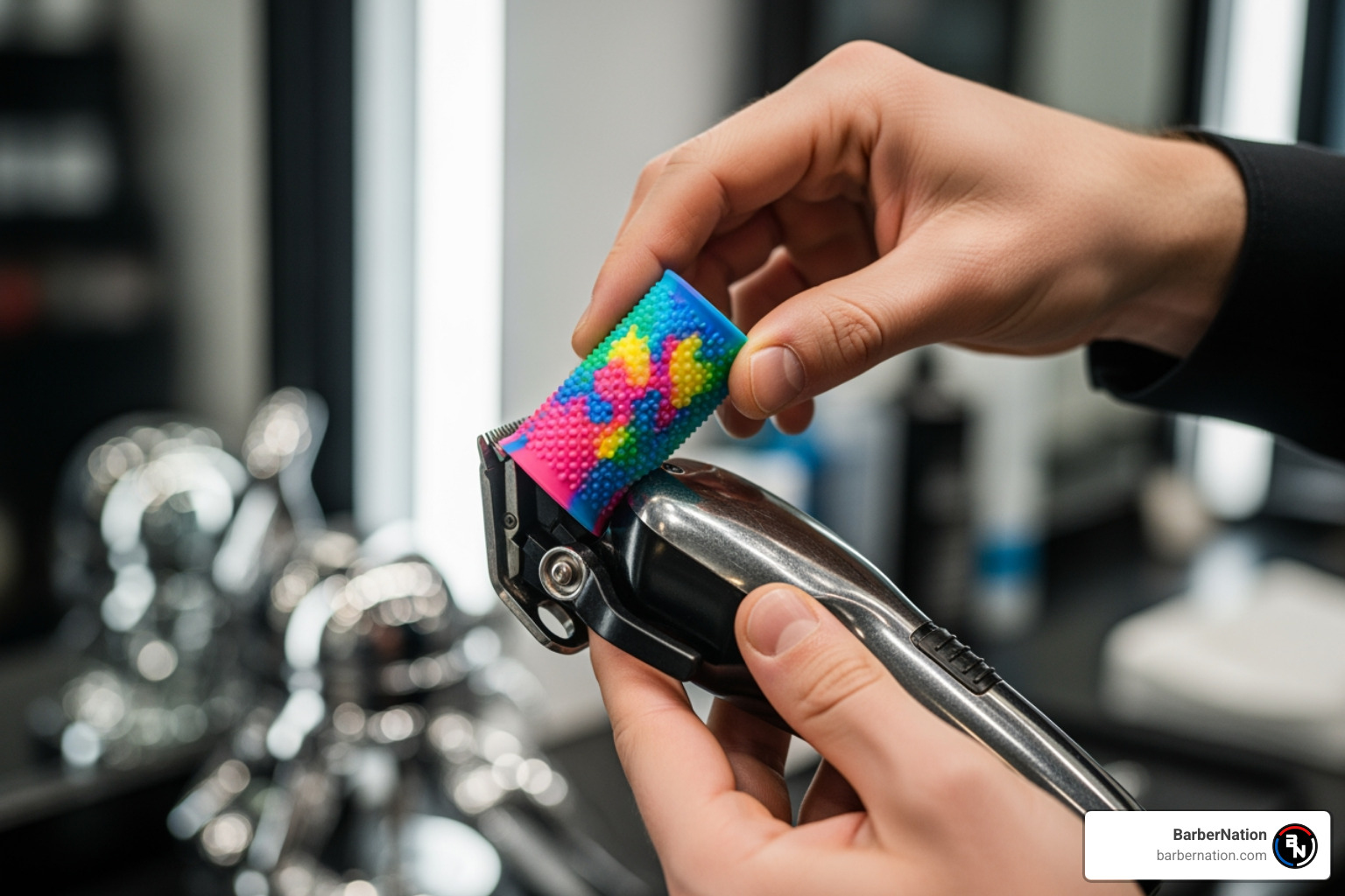 Photo of a barber sliding a silicone grip onto a cordless clipper
