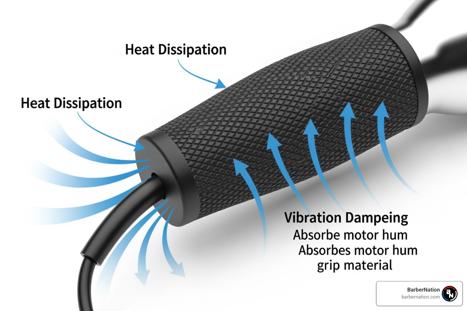 Diagram showing heat dissipation and vibration dampening on a clipper handle