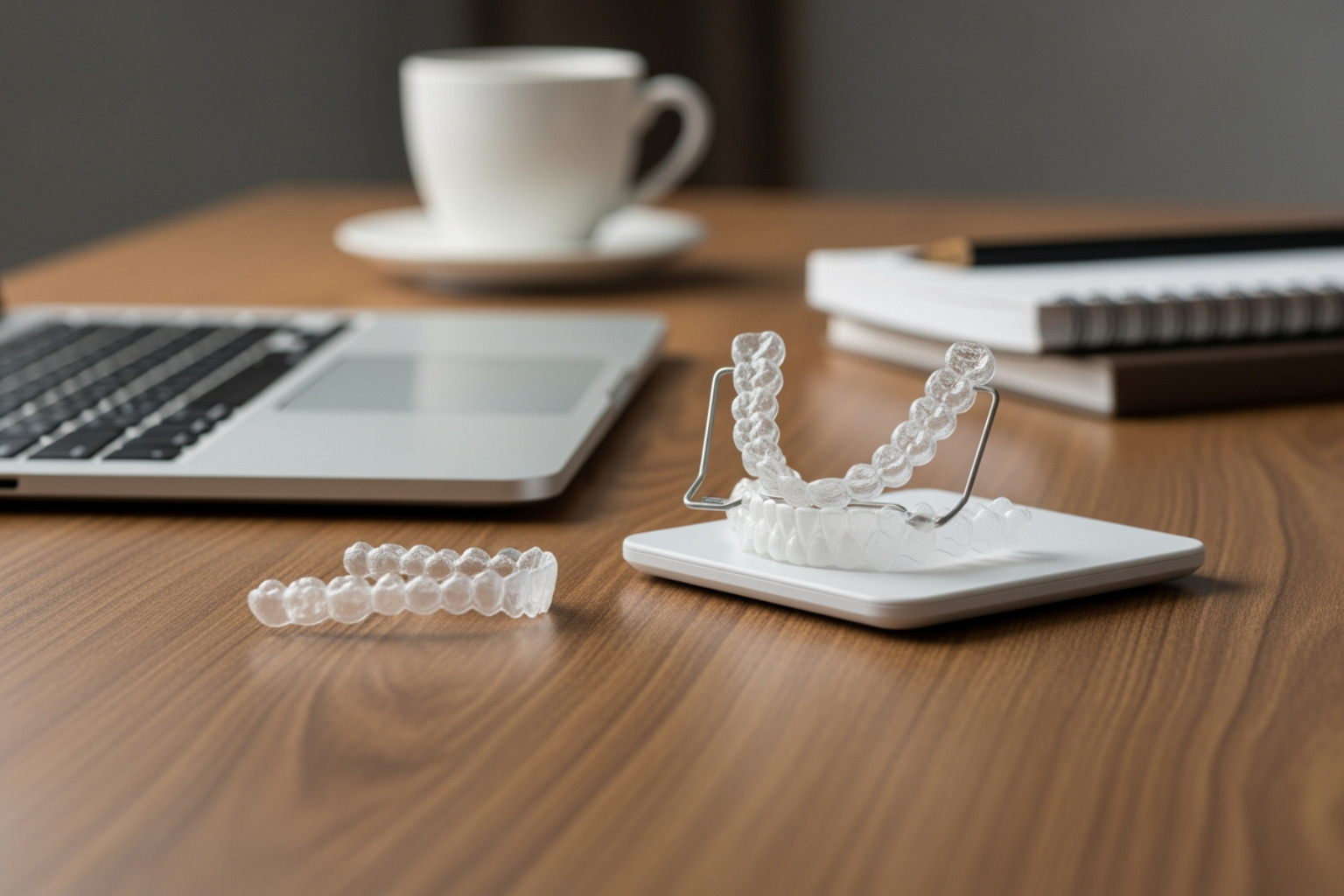 Clear aligners on a professional desk setting