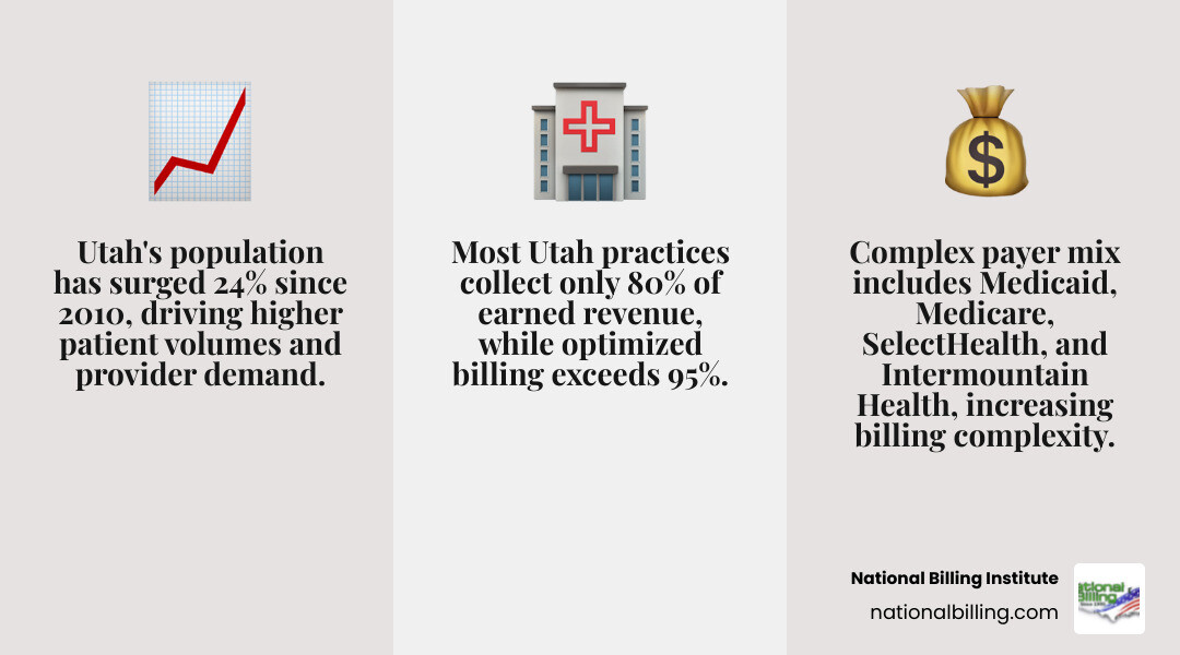 Utah medical billing workflow infographic showing claim submission, denial rates, collection benchmarks, and payer mix Utah medical billing workflow infographic showing claim submission, denial rates, collection benchmarks, and payer mix