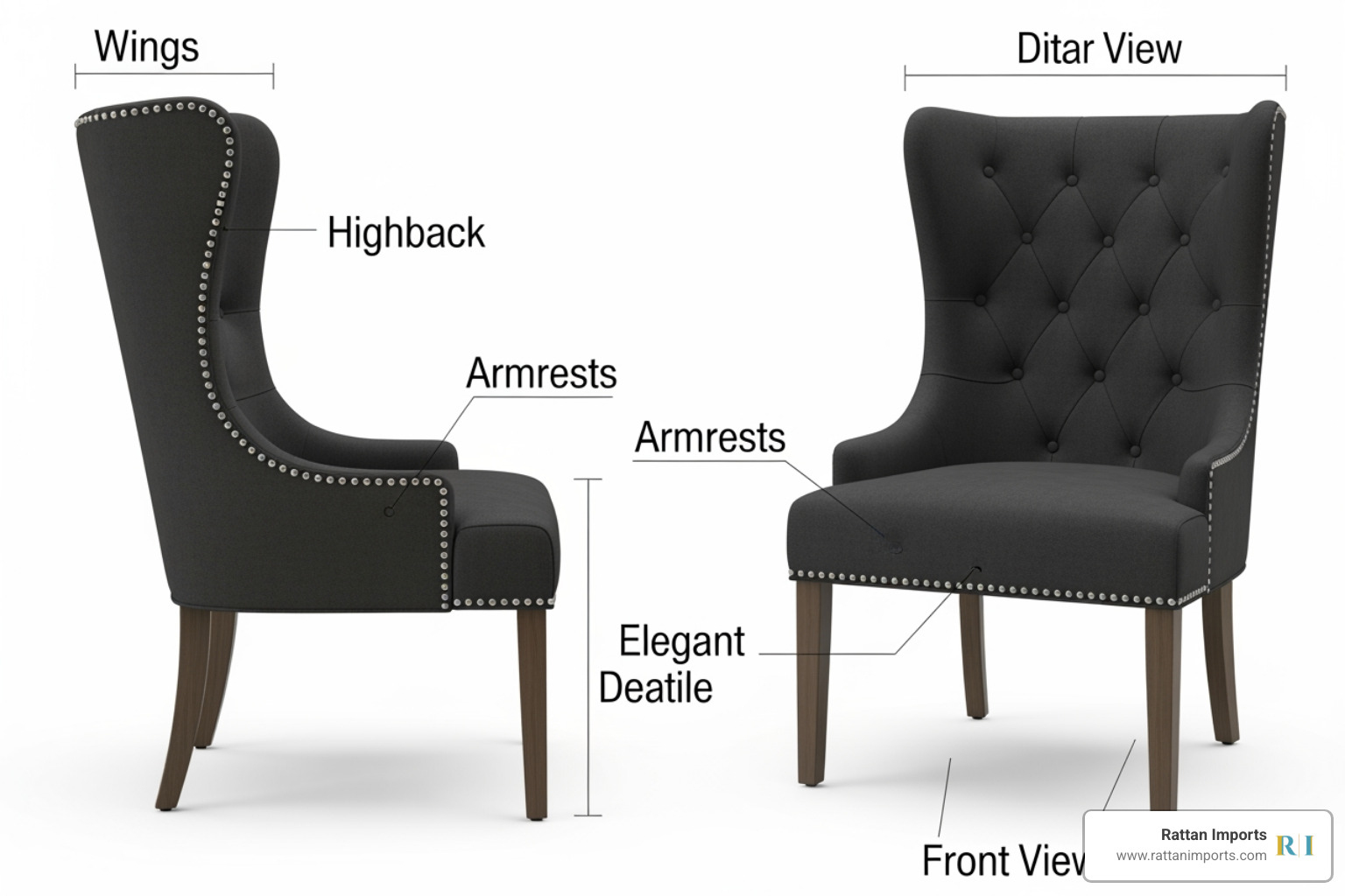 Diagram showing wings, armrests, and nailhead details of a wingback chair Diagram showing wings, armrests, and nailhead details of a wingback chair