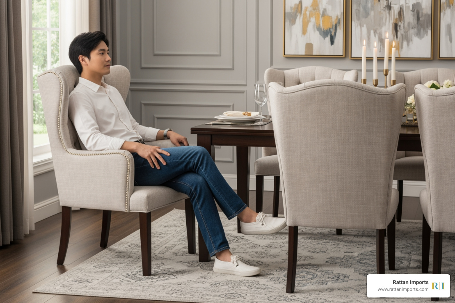 A person sitting comfortably in a high wingback chair at a dinner table A person sitting comfortably in a high wingback chair at a dinner table