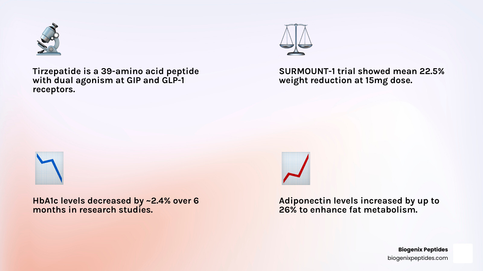Table comparing metabolic markers in SURPASS trials showing HbA1c reduction and weight loss infographic