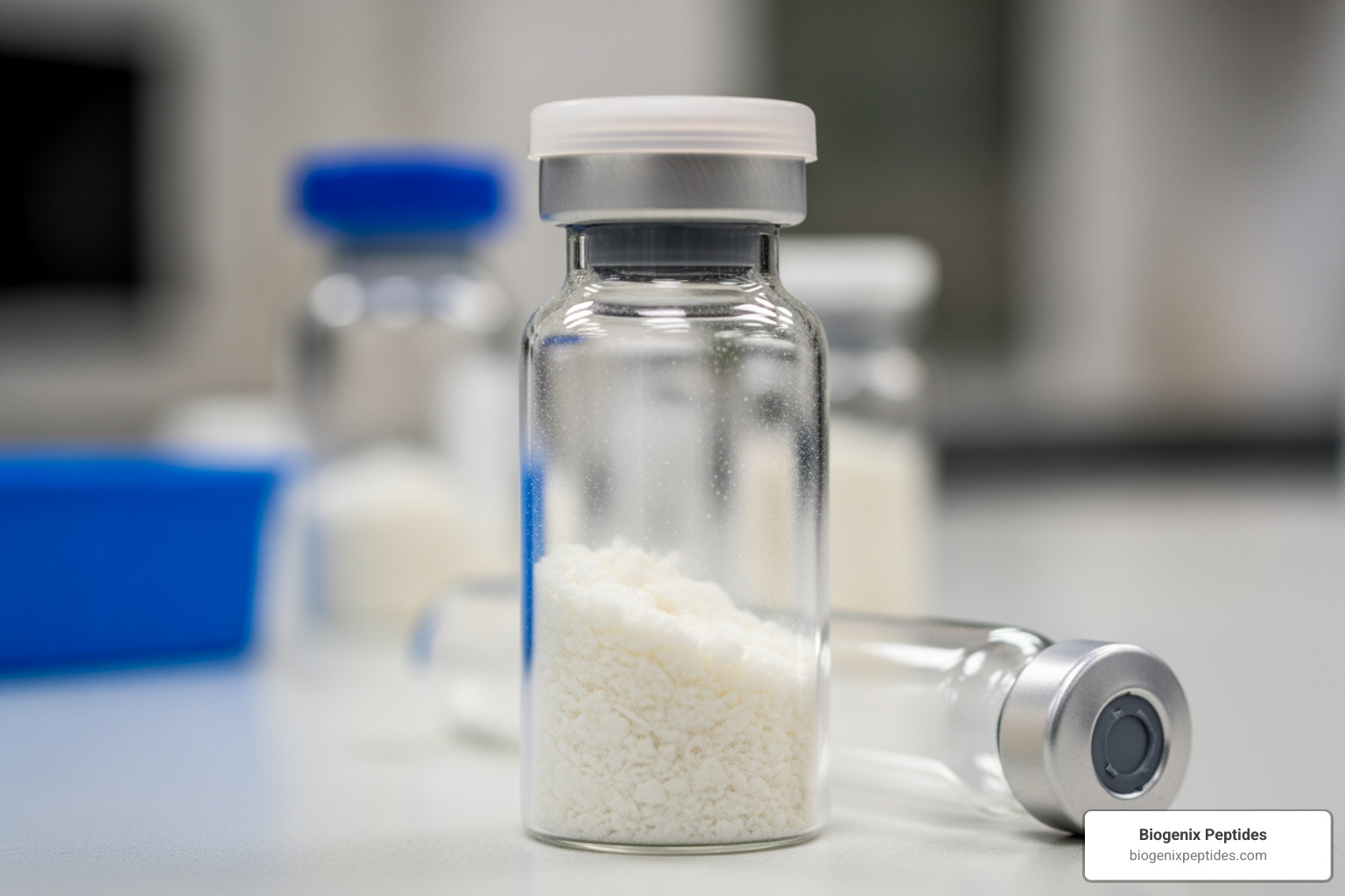 Lyophilized peptide powder in a sterile glass vial ready for reconstitution