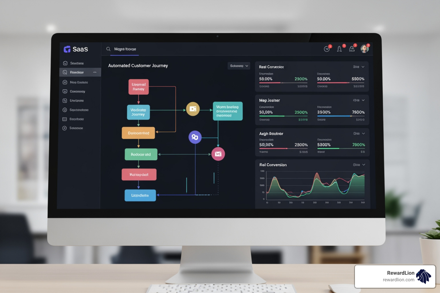 A dashboard showing automated customer journeys and real-time conversion metrics