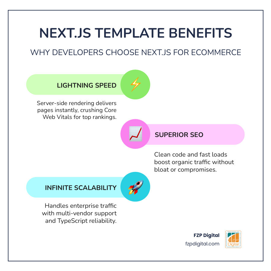 Infographic showing the technical benefits of Next.js templates: Speed, SEO, and Scalability infographic Infographic showing the technical benefits of Next.js templates: Speed, SEO, and Scalability infographic