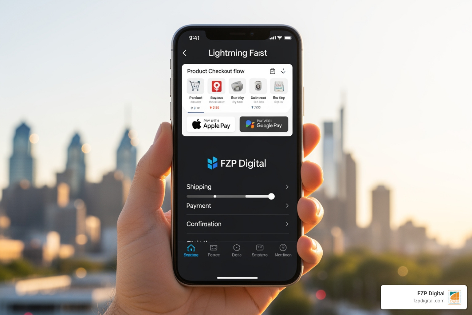 A smartphone displaying a lightning-fast checkout flow with the FZP Digital logo A smartphone displaying a lightning-fast checkout flow with the FZP Digital logo