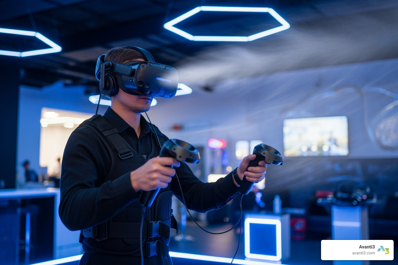 player using haptic gear in a VR environment