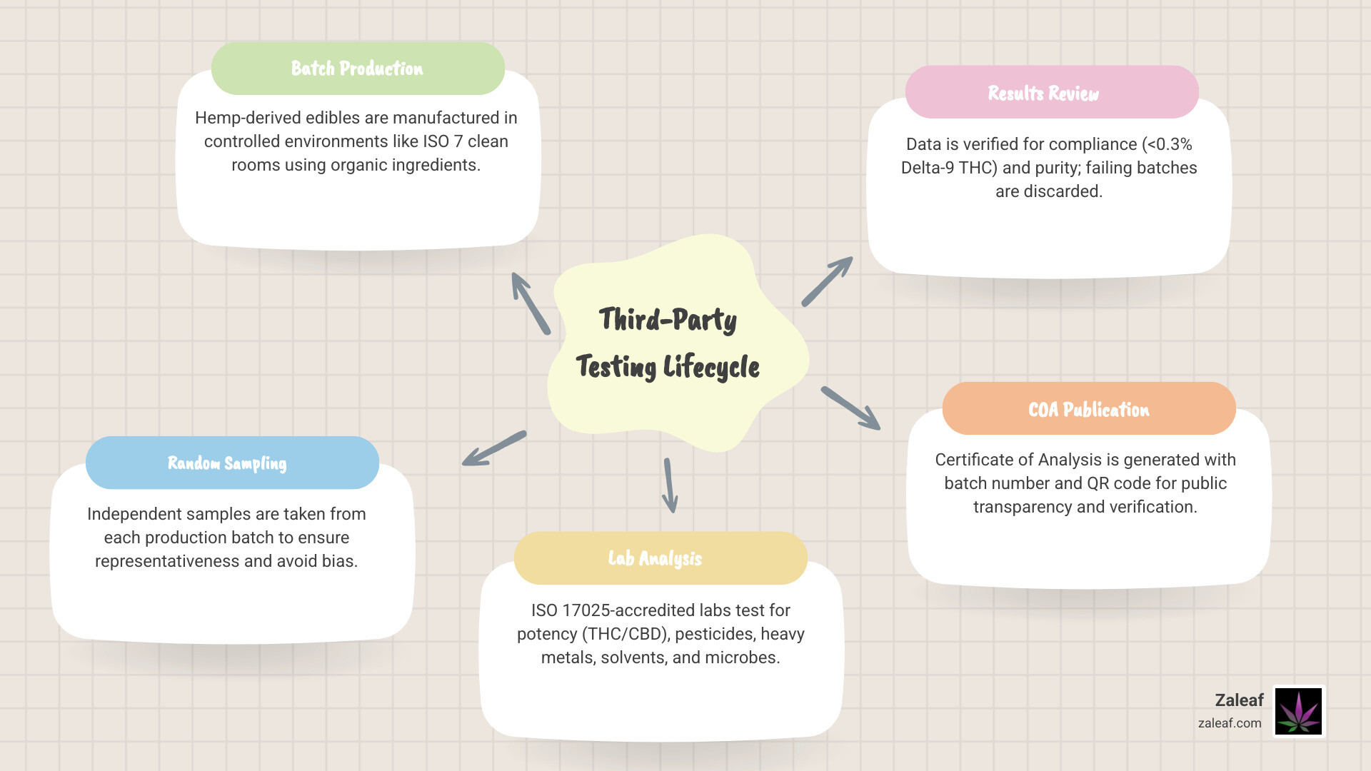 Infographic showing the third-party testing lifecycle from batch sampling to COA publication infographic
