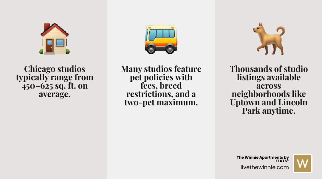 Infographic showing Chicago studio apartment overview: size ranges, neighborhoods, amenities, and seasonal rental tips Infographic showing Chicago studio apartment overview: size ranges, neighborhoods, amenities, and seasonal rental tips