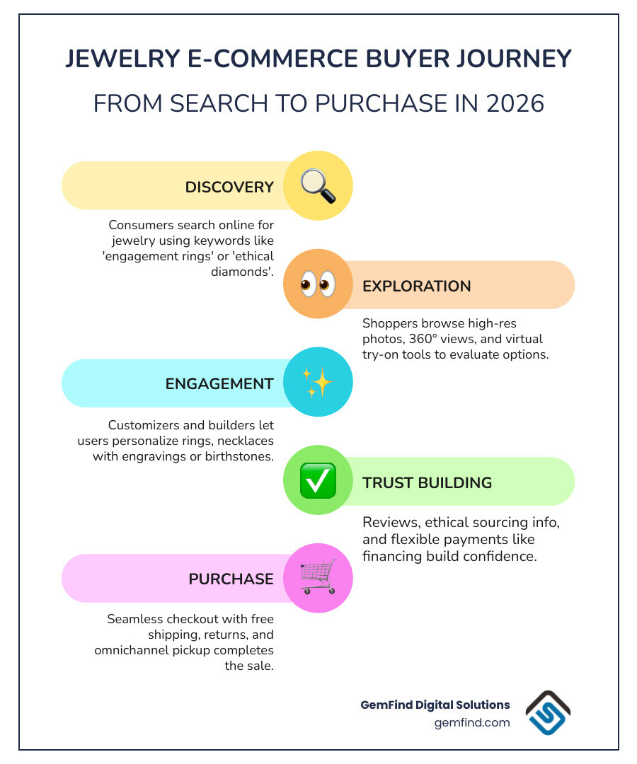 Infographic showing the jewelry e-commerce buyer journey from search to purchase infographic