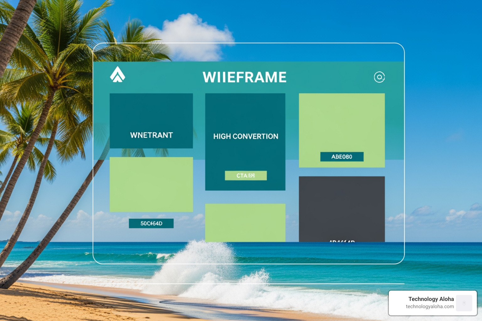 Website wireframe showing content blocks and CTA placement designed for conversion with Hawaiian beach background