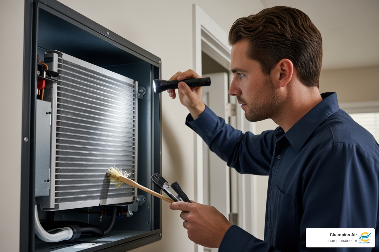 Clean evaporator coil being inspected by a technician