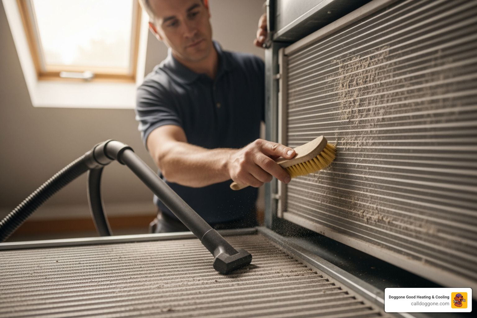 HVAC technician cleaning indoor evaporator coils to improve heat exchange efficiency HVAC technician cleaning indoor evaporator coils to improve heat exchange efficiency