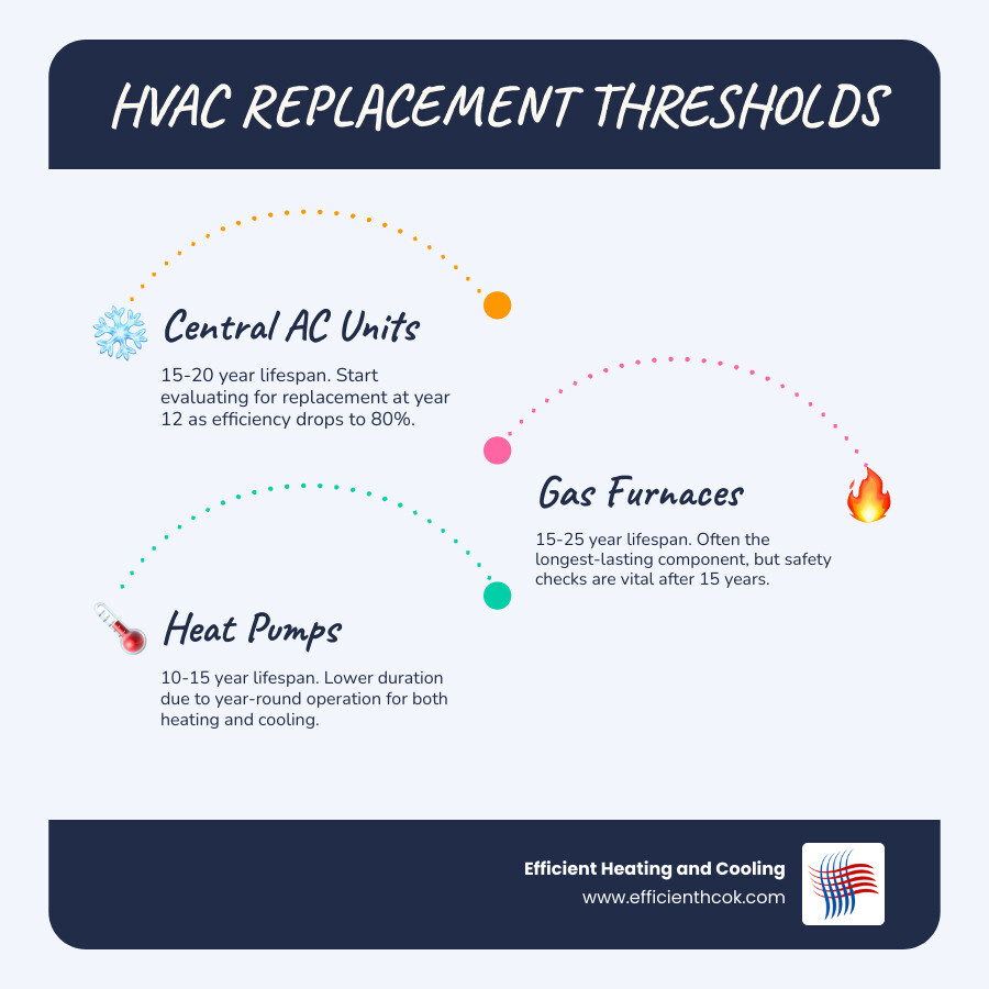 Infographic showing typical lifespan of residential HVAC components by system type with replacement age thresholds Infographic showing typical lifespan of residential HVAC components by system type with replacement age thresholds