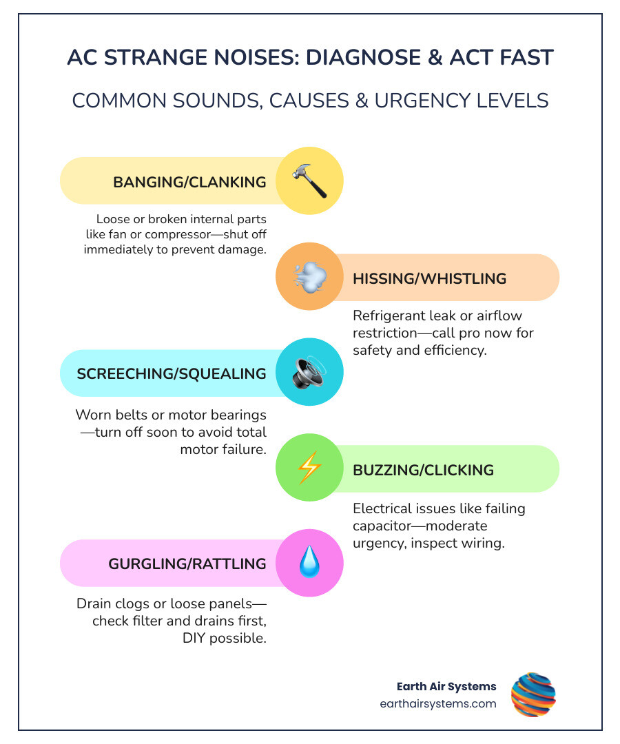 Common AC noises, their causes, and urgency levels from low to high emergency infographic