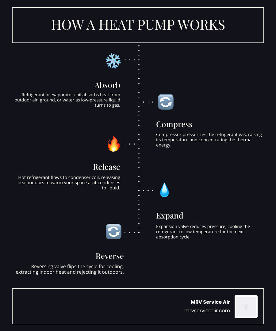 Infographic showing the basic refrigeration cycle of a heat pump and how heat moves through each stage infographic Infographic showing the basic refrigeration cycle of a heat pump and how heat moves through each stage infographic