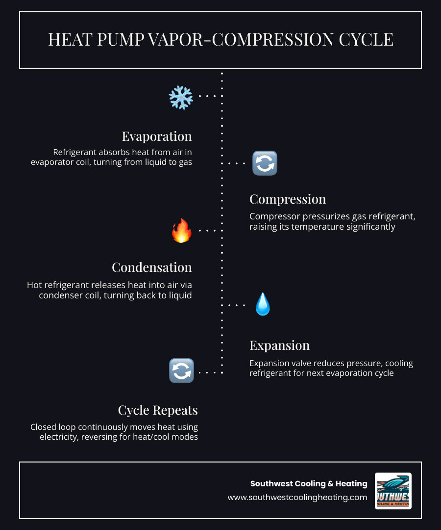 Infographic showing the four-step heat pump cycle: evaporation absorbs heat, compression raises temperature, condensation Infographic showing the four-step heat pump cycle: evaporation absorbs heat, compression raises temperature, condensation