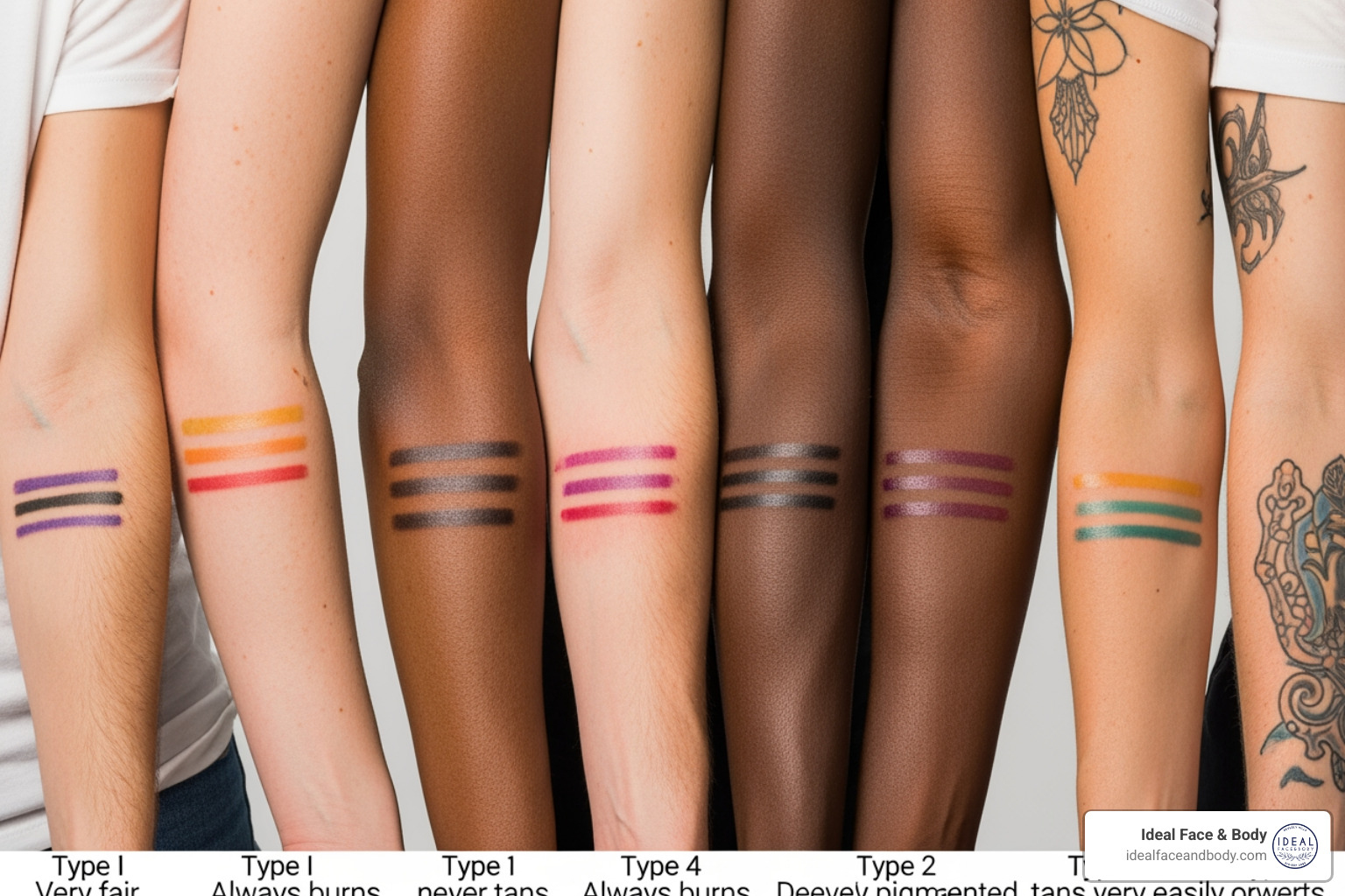 diverse skin tones and ink colors showing the Fitzpatrick Scale for tattoo removal diverse skin tones and ink colors showing the Fitzpatrick Scale for tattoo removal