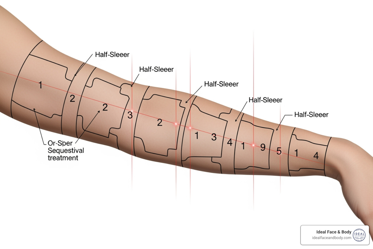 half sleeve tattoo divided into treatment sections for safe laser removal half sleeve tattoo divided into treatment sections for safe laser removal