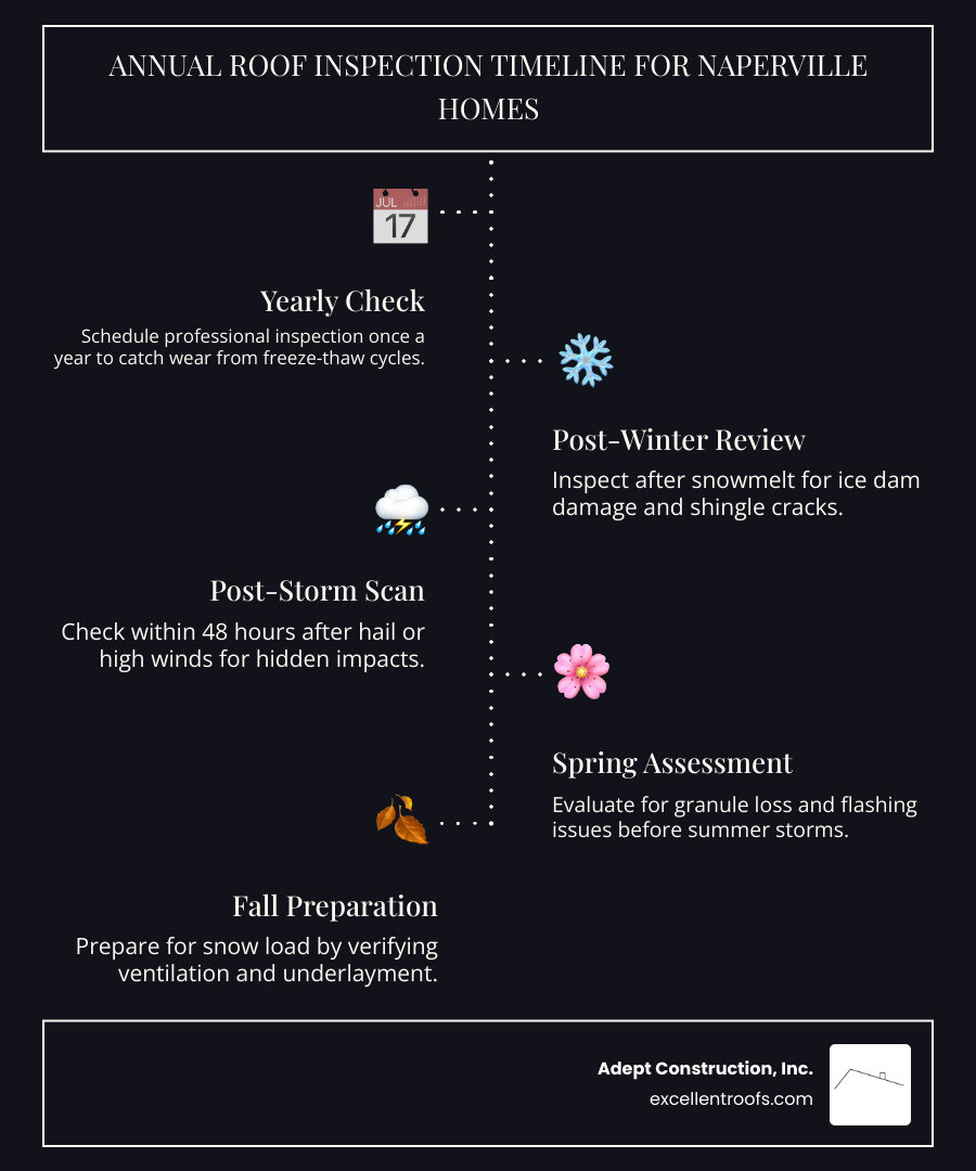 Annual roof inspection timeline infographic for Naperville IL homeowners infographic