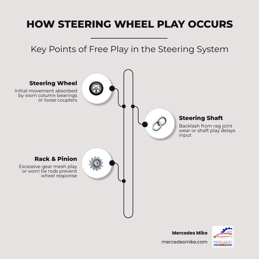 Diagram showing steering wheel connection to rack-and-pinion system and key play points infographic