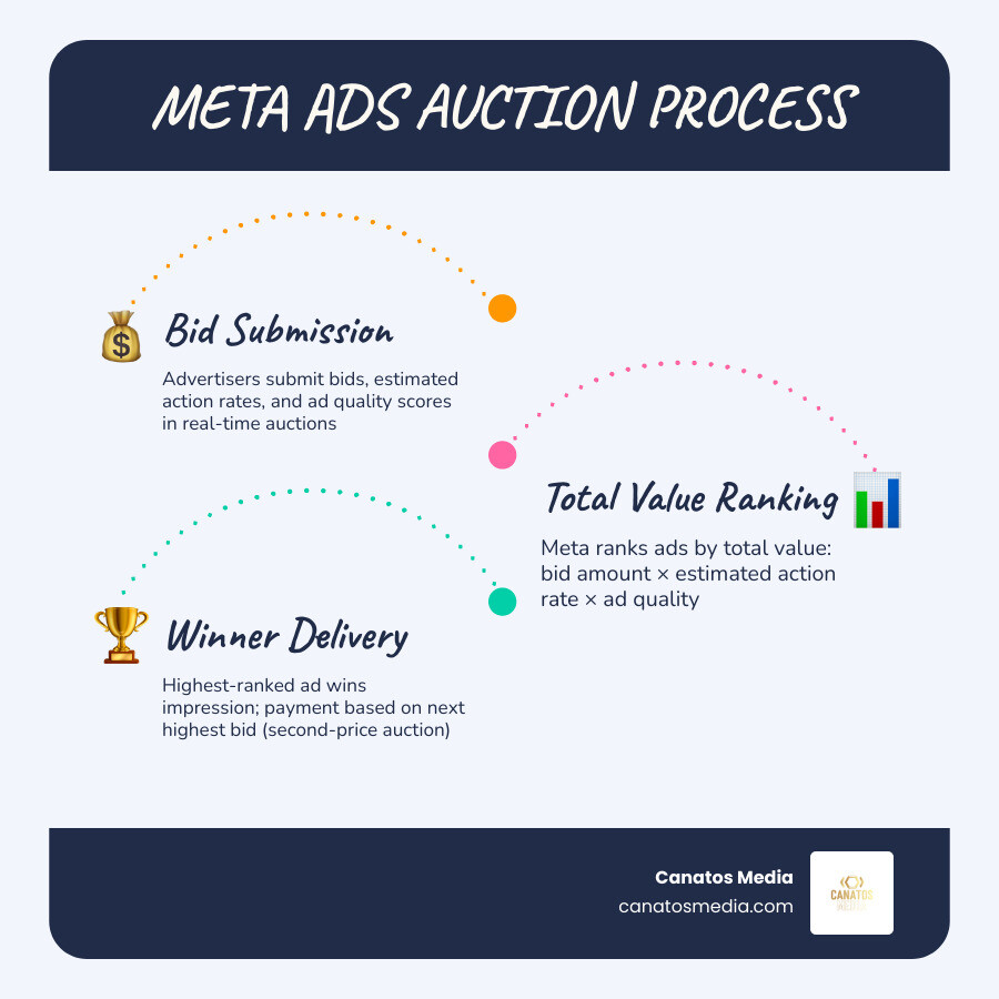 Infographic showing Meta ads ecosystem: auction process, funnel stages, key metrics like ROAS and CAC infographic
