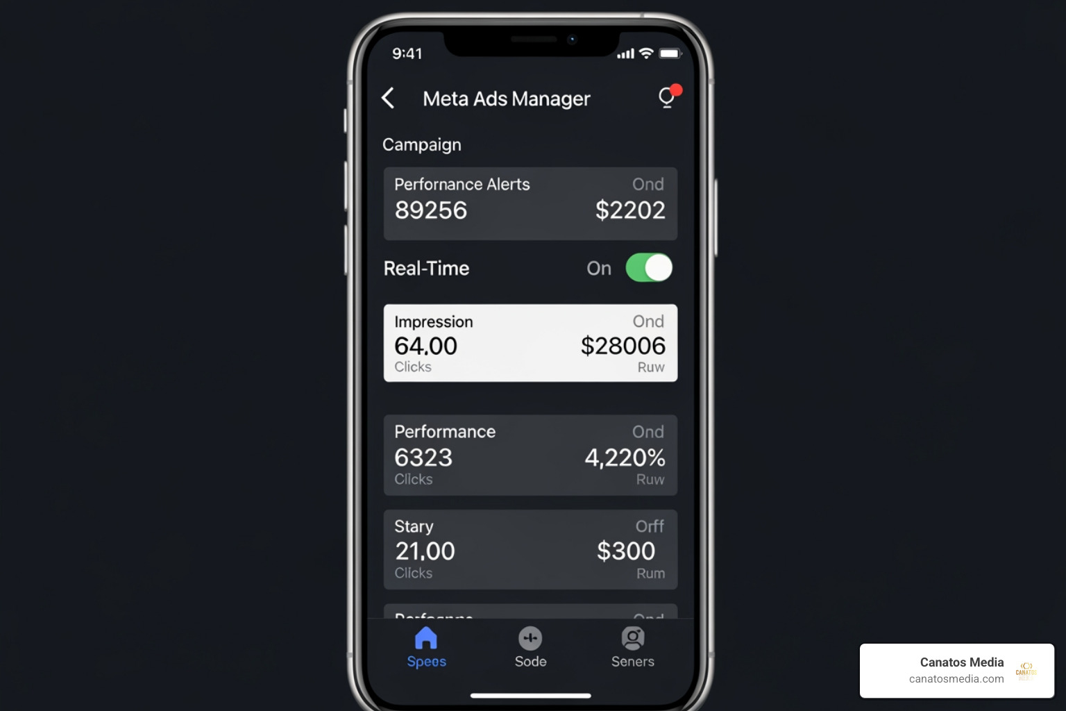 Meta Ads Manager mobile app interface showing campaign toggles and performance alerts